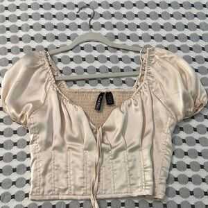 Cream Satin Puff Sleeve Blouse